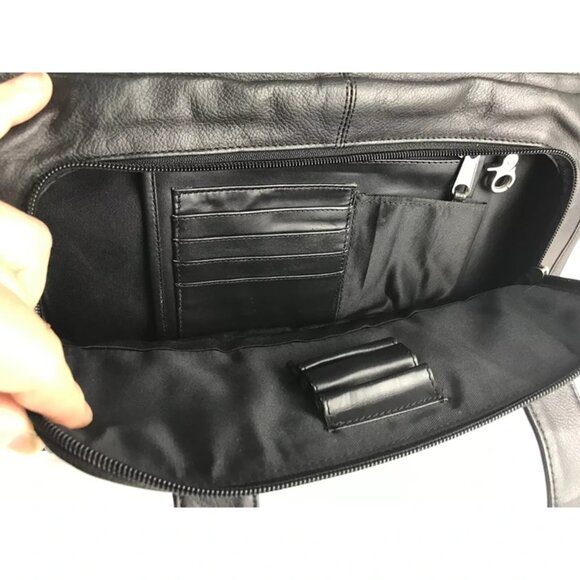 Ili Unisex Black Leather Inner Zip Pockets Top Handle Briefcase Document Case - Picture 8 of 12